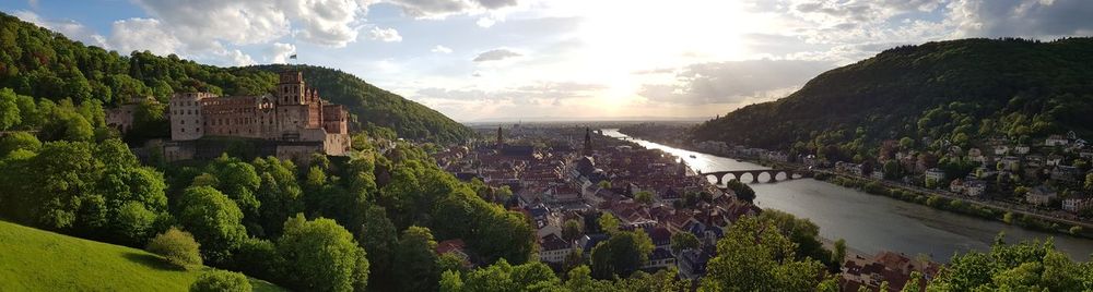 Panoramic view of bridge over river in heidelberg against sky