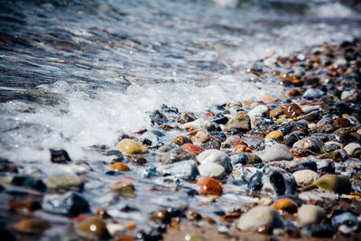 Close-up of pebbles at sea shore