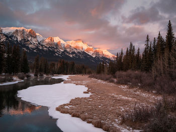 Scenic view of snowcapped mountains against sky during sunset