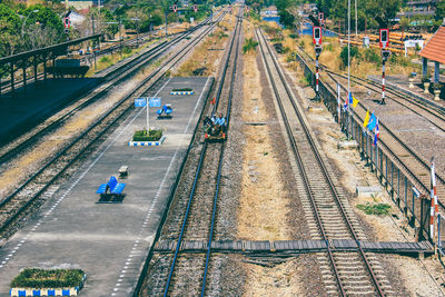 High angle view of railroad tracks at station