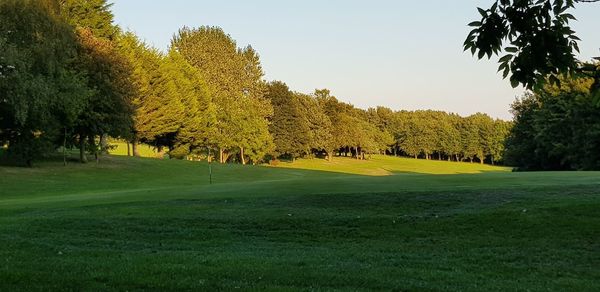 Scenic view of golf course against sky