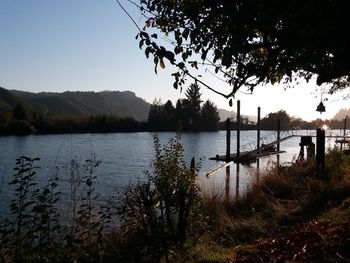 Scenic view of lake against clear sky