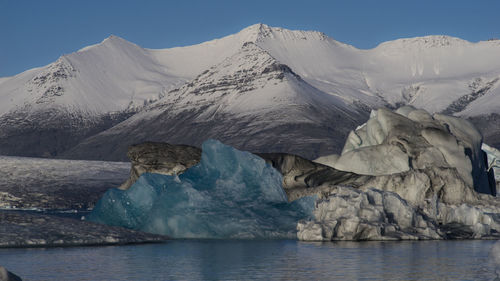 Scenic view of snowcapped mountains and lake during winter