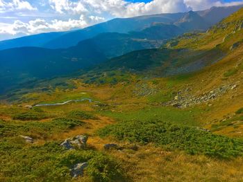 High angle view of landscape against mountain range