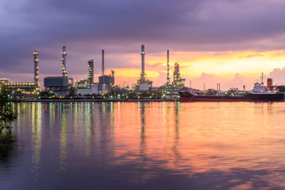 Panoramic view of factory against sky during sunset