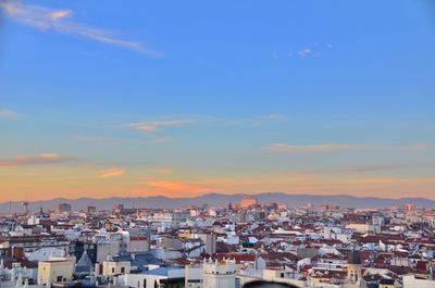 High angle view of townscape against sky during sunset