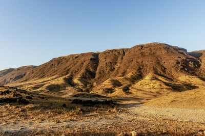 Scenic view of arid landscape against clear sky