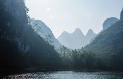 Scenic view of lake and mountains against sky