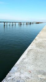 Pier over lake against clear sky