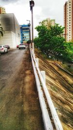 Railroad tracks amidst trees in city against sky