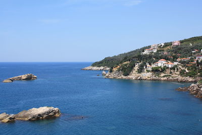 Scenic view of sea against blue sky