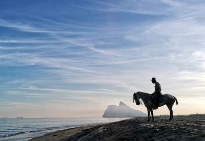 Silhouette man riding horse at beach against sky