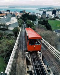 High angle view of railroad tracks against sky