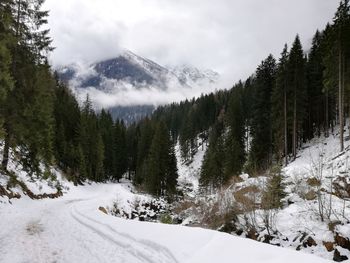 Scenic view of snow covered mountains against sky