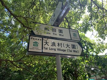 Low angle view of information sign against trees