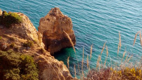 High angle view of rock formation in sea