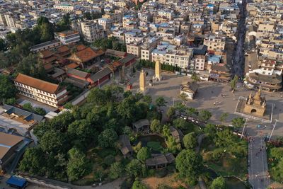 High angle view of townscape and trees in city