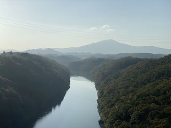 Scenic view of river amidst mountains against sky