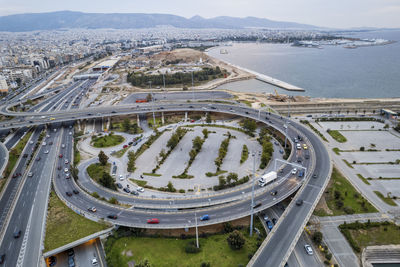 High angle view of road passing through city