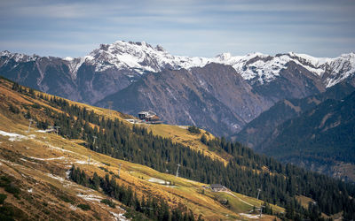 Scenic view of snowcapped mountains against sky