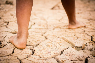 Low section of person standing on cracked field