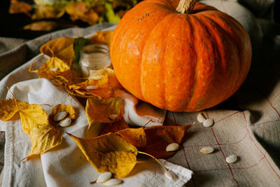 High angle view of pumpkins on table