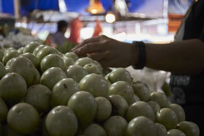 Close-up of hand holding vegetables at market stall