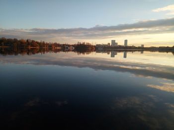 Scenic view of river against sky at sunset