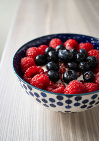 High angle view of strawberries in bowl on table