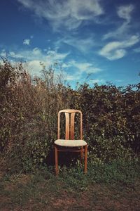 Chair against trees against sky