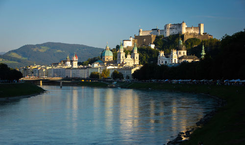 Buildings at riverbank against clear sky