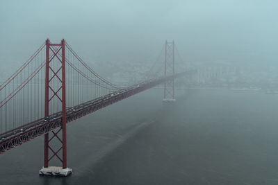 Suspension bridge over river against sky