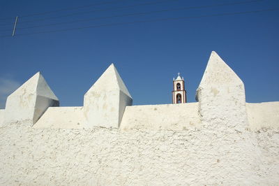 Low angle view of temple against clear blue sky