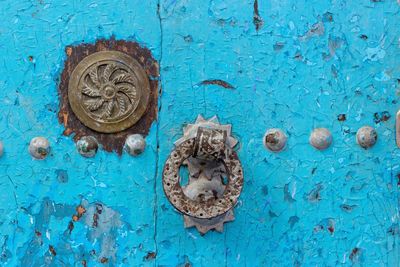 Close-up of old blue door