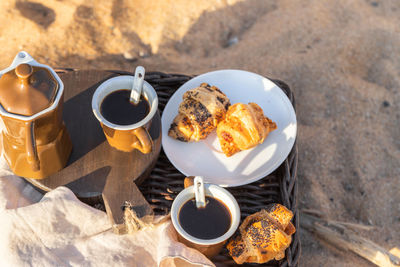 High angle view of breakfast on table