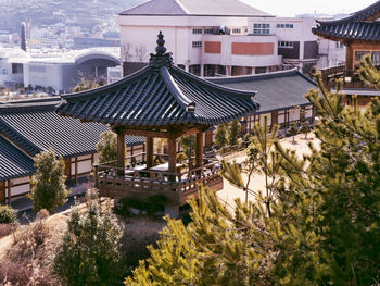 High angle view of buildings in city