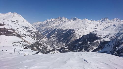 Scenic view of snowcapped mountains against clear blue sky