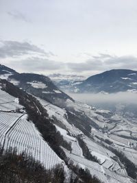 High angle view of snowcapped mountains against sky