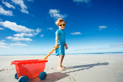 Rear view of boy standing on beach against sky