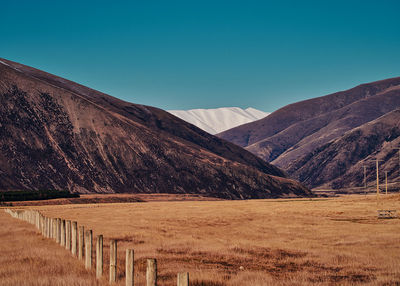 Scenic view of mountains against clear blue sky