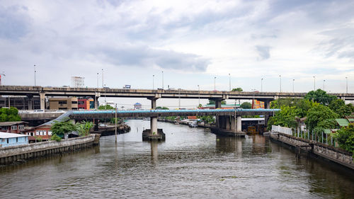 Bridge over river against sky in city