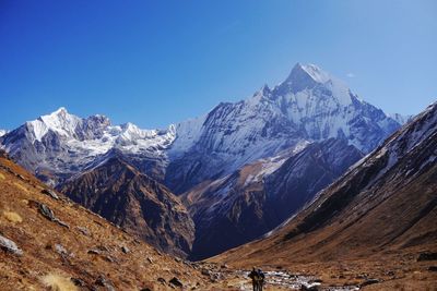 Scenic view of snowcapped mountains against clear blue sky