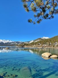 Scenic view of lake against clear blue sky