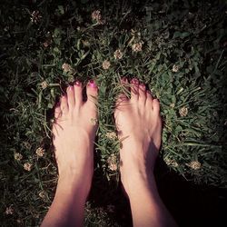 Low section of woman relaxing on grass