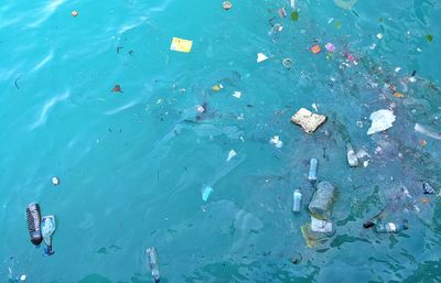 High angle view of garbage floating on water