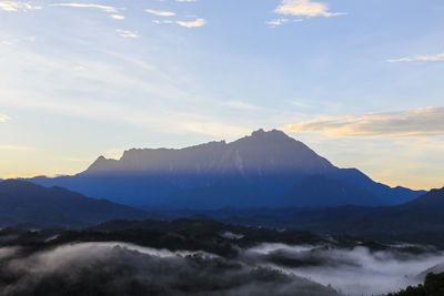 Scenic view of mountains against sky during sunset