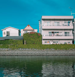 Lake and buildings against blue sky