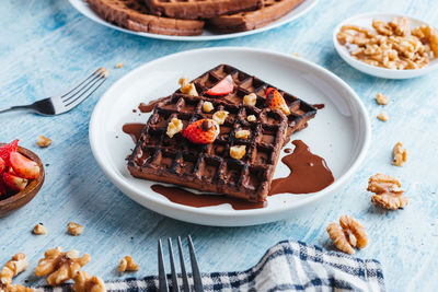 High angle view of dessert in plate on table