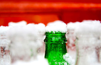 Close-up of ice on bottles