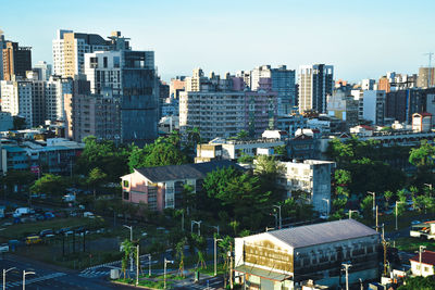 High angle view of buildings in city